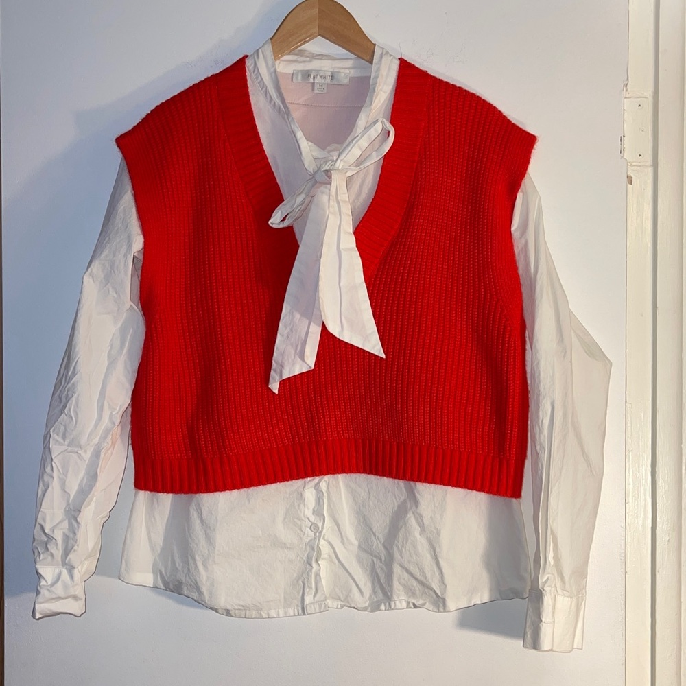 Flat White Anthropologie red sweater vest white shirt combo medium